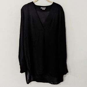 Vince Long Sleeve V Neck Top Tunic Length Crepe Pleated Front Black Large L